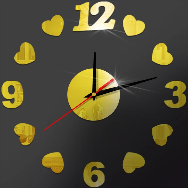 Romantic Hearts Wall Clock Decorative Digital Clock Acrylic Mirror