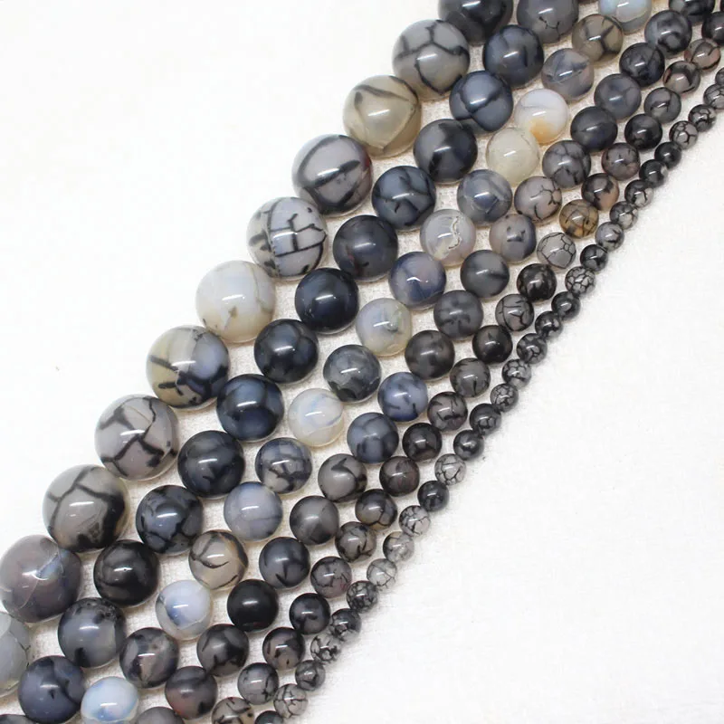 

6mm-12mm Crack Black Line White Agates Round Stone DIY Loose Beads 15"