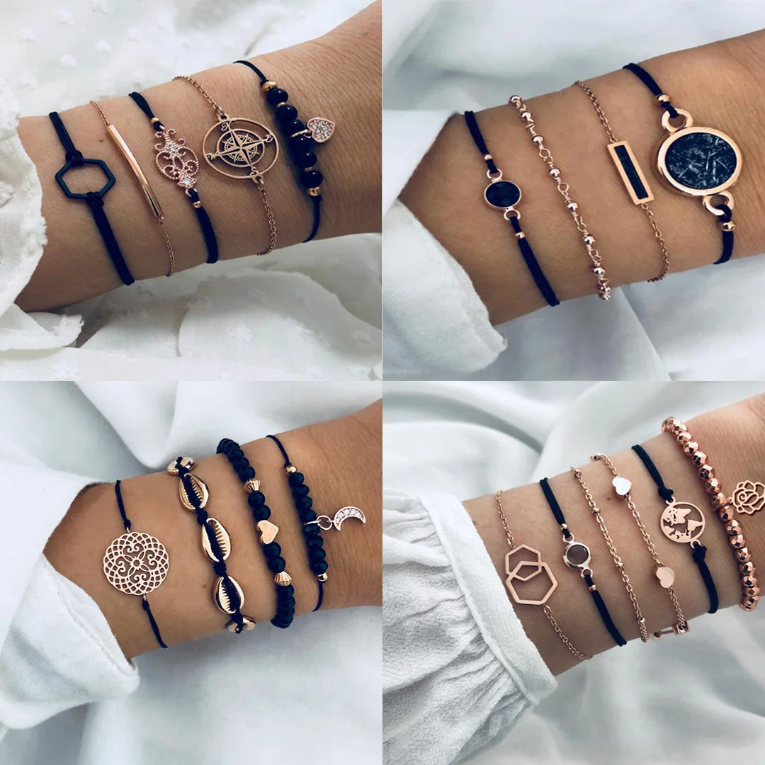 

Fashion Boho Charm Bracelets Set Woman Gold Chain Bead Cuff Bracelet Black Stone Rope Link Friendship Bracelet Female Jewelry