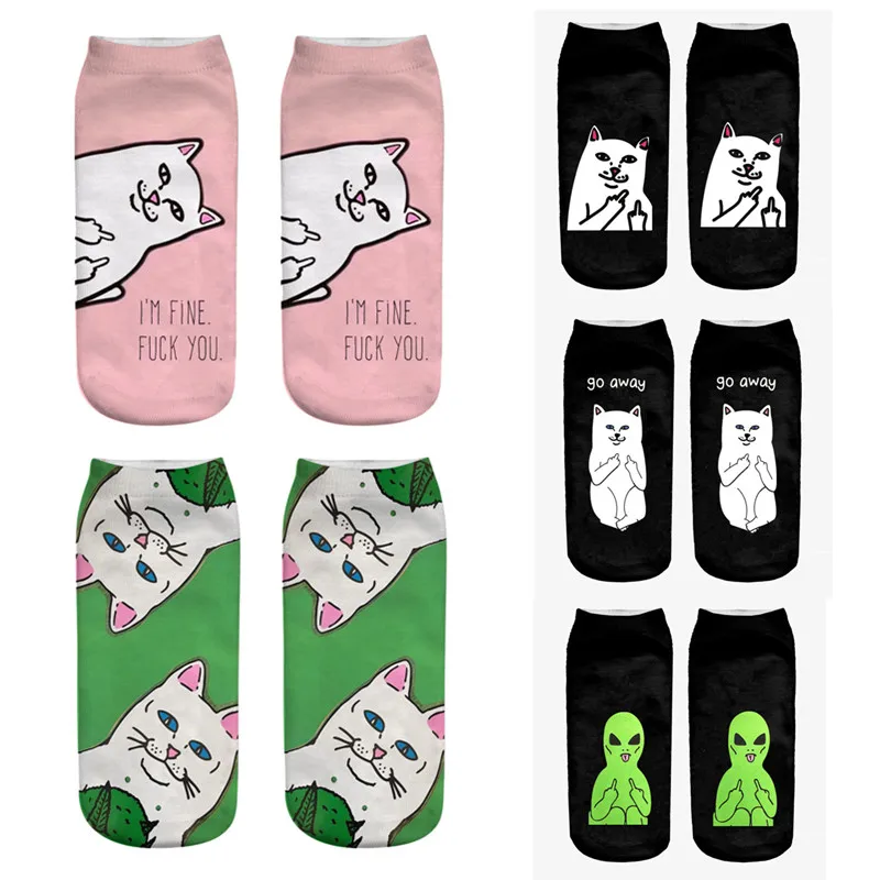 2019 New Cartoon Cat Socks 3D Print Art Funny Socks Women Cute Low Cut Ankle Socks Calcetines Mujer Fashion Female Short Sock