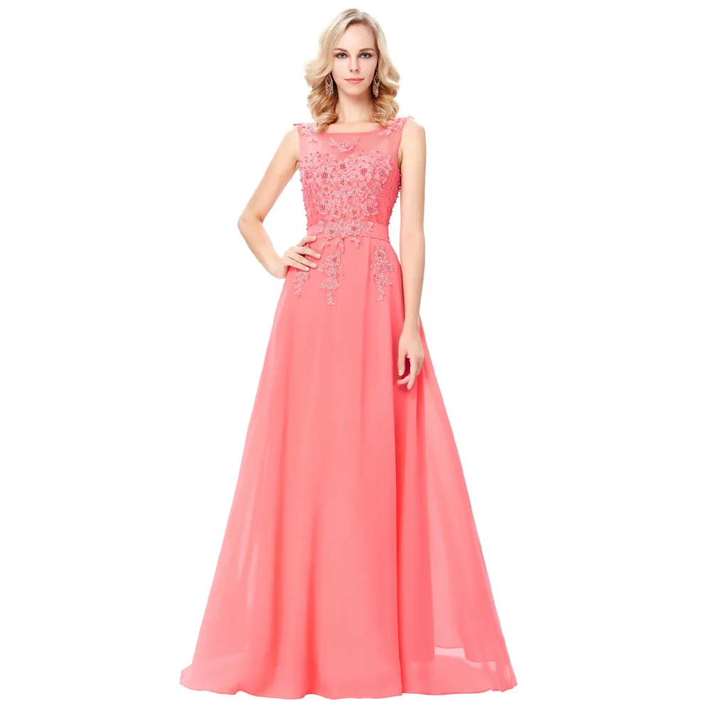 Pink Lace Chiffon Evening Dresses V Back A-Line Maxi Evening Gowns Women Party Dress Long Formal Dresses Custom Made 7555