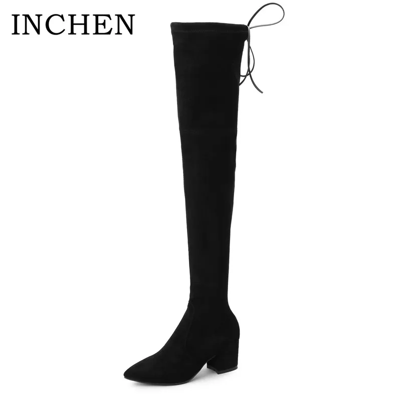 INCHEN Brand High Heel Over The Knee Woman Boots Handmade Thick heel Stretch Fabric+kid Suede Pointed Toe shoes women SWB16-L fashion slim rivets thick heel pointed toe zip winter snow boots genuine leather stretch fabric over the knee boots women boots