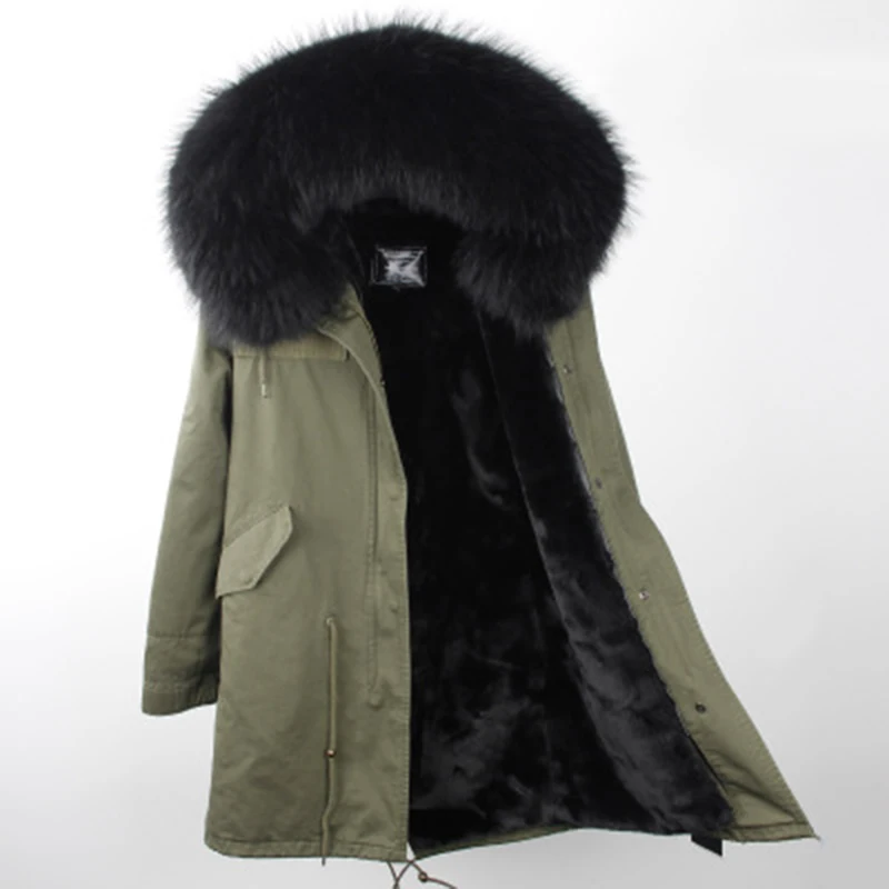 Бренд, женская зимняя куртка, длинная, съемная подкладка, армейский зеленый цвет, парка, большая, натуральный мех енота, пальто с капюшоном, верхняя одежда
