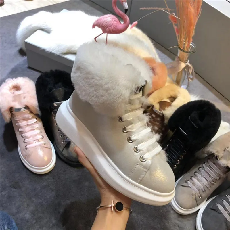 

High Top Lace Up Women Booties Real Suede 2019 New Autumn Winter Fur Warm Shoes For Womens Extended Sole Sneakers Size 41