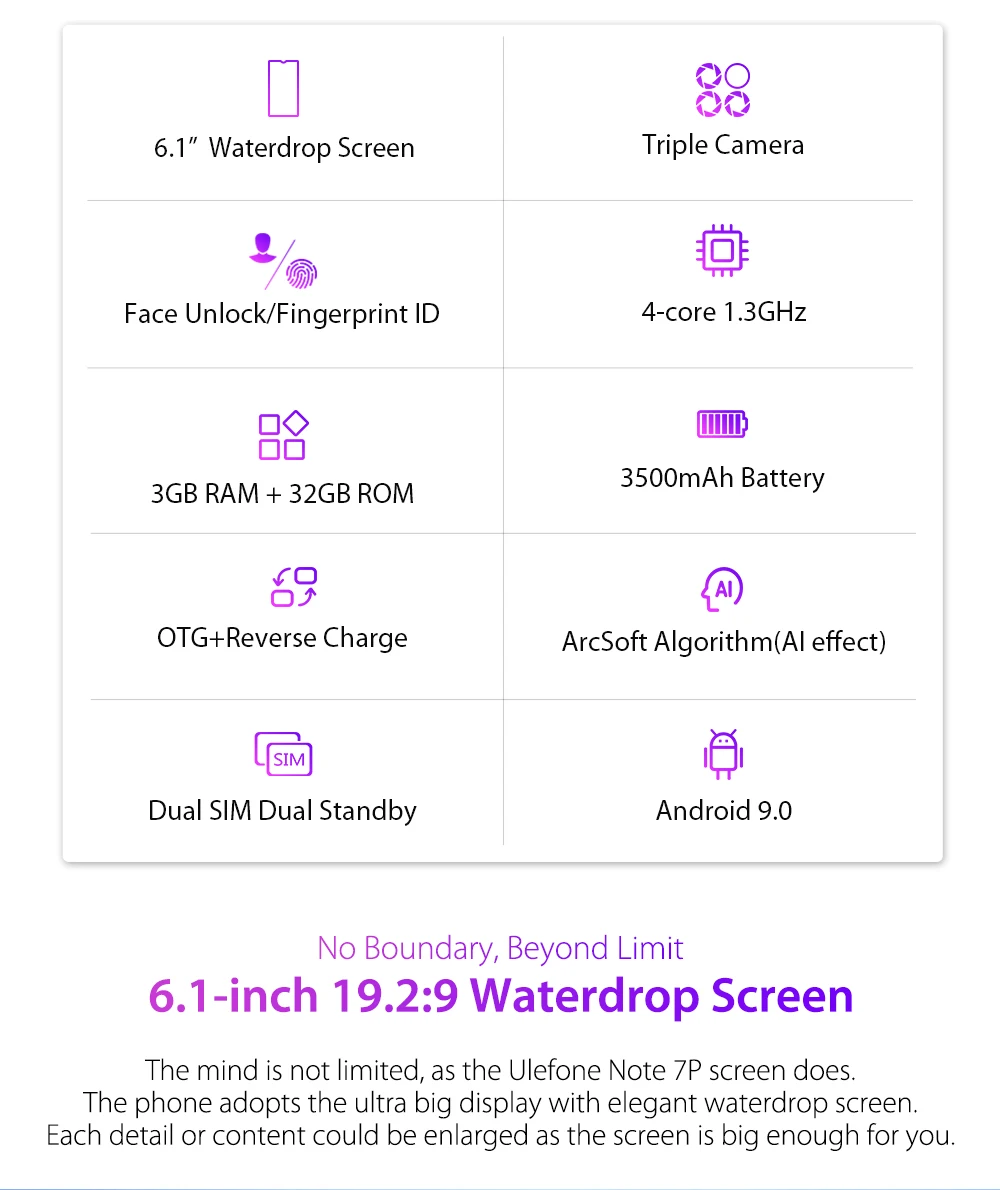 Ulefone Note 7P смартфон Android 9,0 4G четырехъядерный 6,1 ''экран капли воды 3 ГБ+ 32 Гб мобильный телефон 3500 мАч разблокировка лица