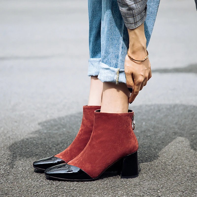 Prova Perfetto New Style Purple Women Ankle Boots Square Toe High Heel Boots Fashion Faux Suede Real Leather Woman Boots Size 40