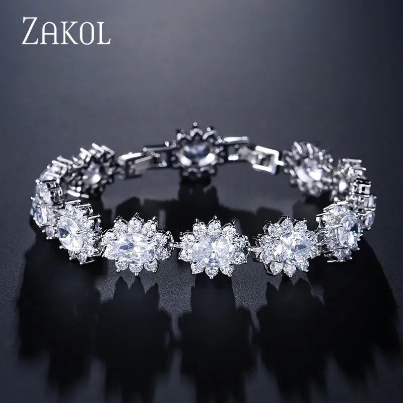 

ZAKOL Luxury 3 Color Oval Zirconia Crystal Chain Link Bracelets Bangle for Women Fashion Flower Wedding Jewelry FSBP1013