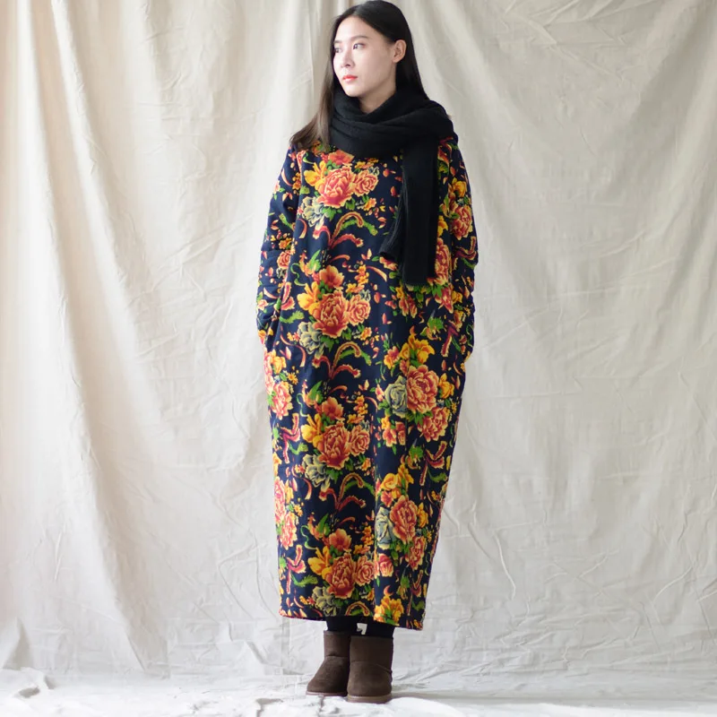 

SCUWLINEN 2019 Women Winter Dress Vintage Floral Print O-neck Large Size Quilted Cotton Loose Casual Long Robe Vestido S285