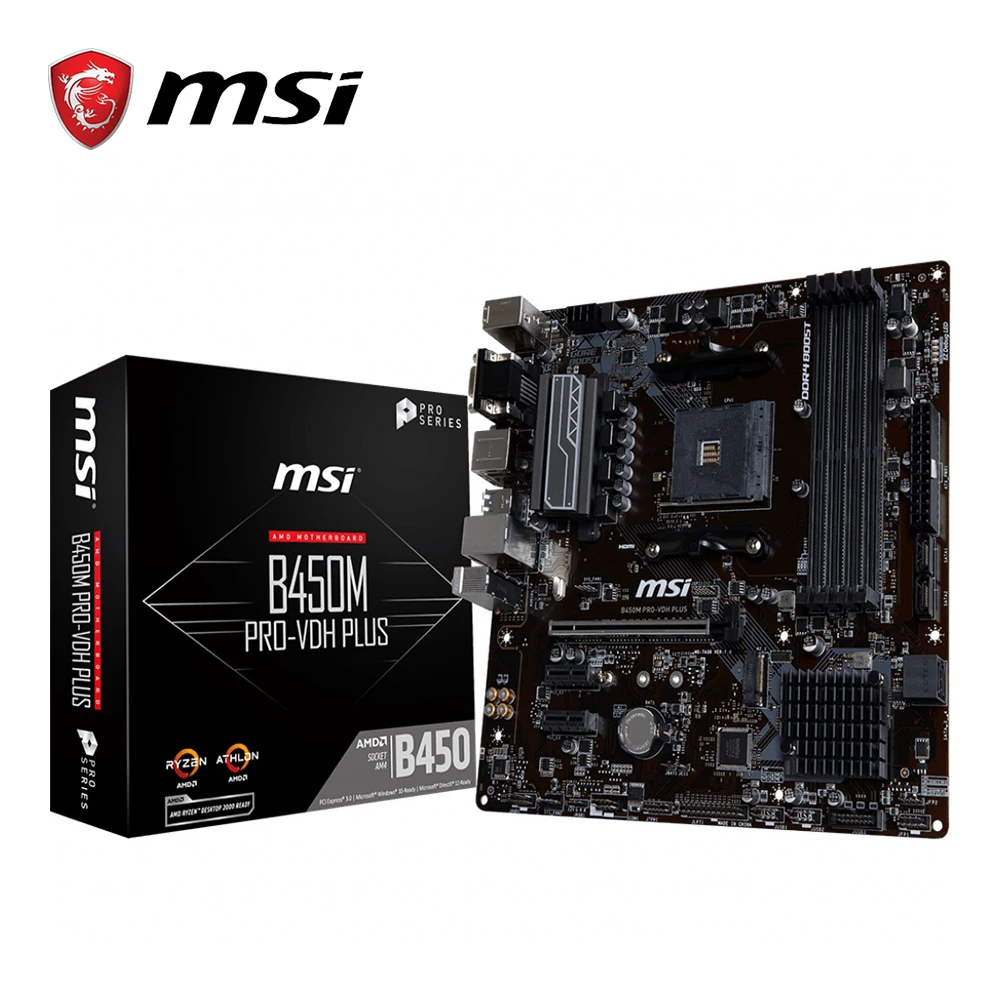 

MSI B450M-PRO-VDH-PLUS Motherboard AMD Ryzen 1. and 2. Generation AM4 M.2 USB 3 DDR4 D-Sub DVI HDMI Micro-ATX B450 Mainboard