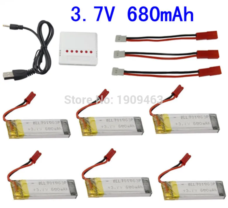 

6 in1 battery charger with 6pcs 3.7v 680mah battery and 3pcs JST charging cable for UDI U817 U818A U818 V959 S032G RC Quadcopter