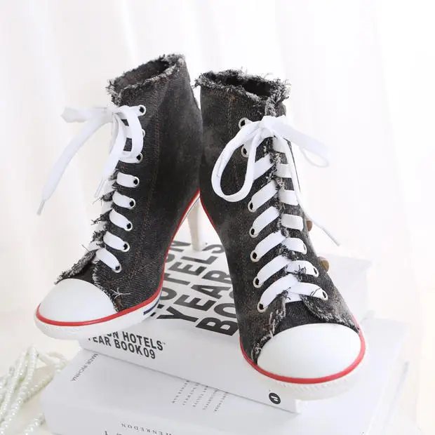 Womens Canvas Lace up High Heel Fashion Sneakers Denim Ankle Boots Womens Canvas Lace up High Heel Fashion Sneakers Denim Ankle Boots