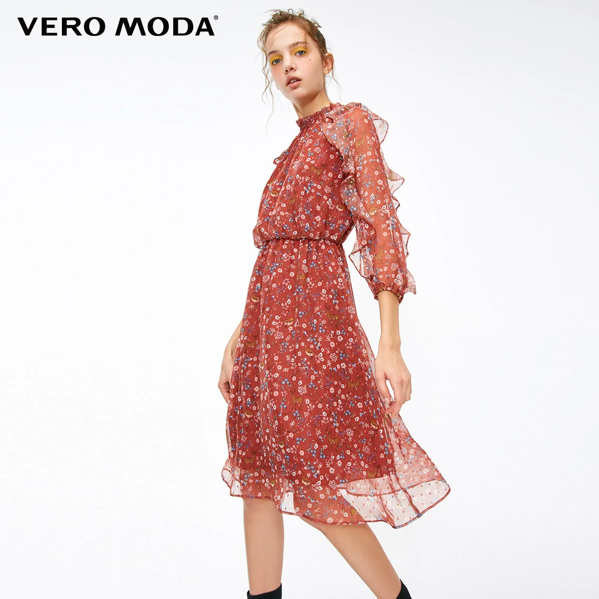 Vero Moda Новое Женское шифоновое платье с оборками и принтом | 31847C516