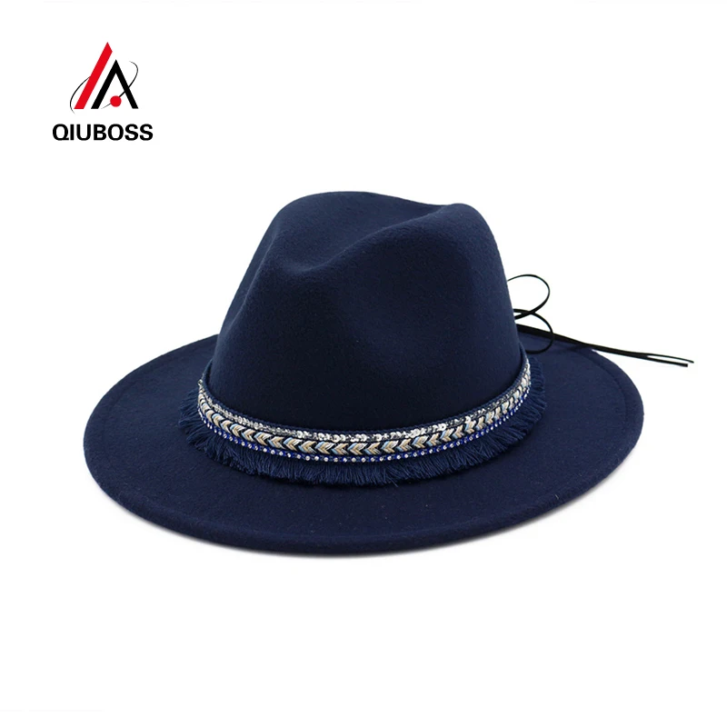 

QIUBOSS Female Wool Felt Jazz Fedora Hats Trilby with Ribbon Tassels Decorated Trend Men Women Wide Brim Panama Gambler Hat