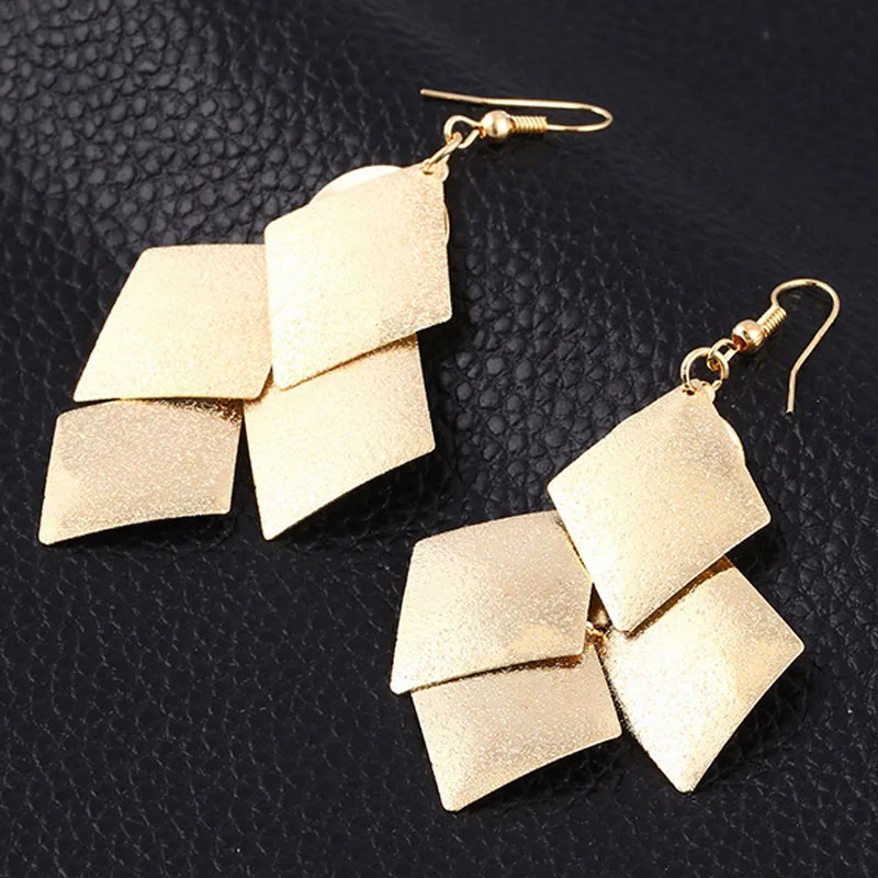 SexeMara Geometric Gold Punk Long Drop Earrings Women Silver Rhombus