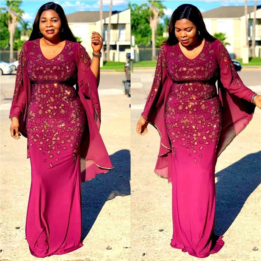 GuyuEra African Dress For Women Round Neck Large Trumpet Sleeve Embroidered Gold Sequins Slim Bag Hip Fishtail Dress