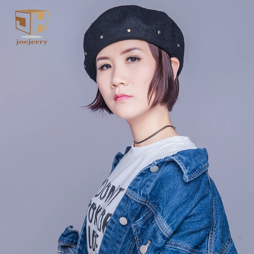 

joejerry Wool French Beret Female Harajuku Beret Painter Hat Hip Hop Winter Hat with Rivet New Arrial