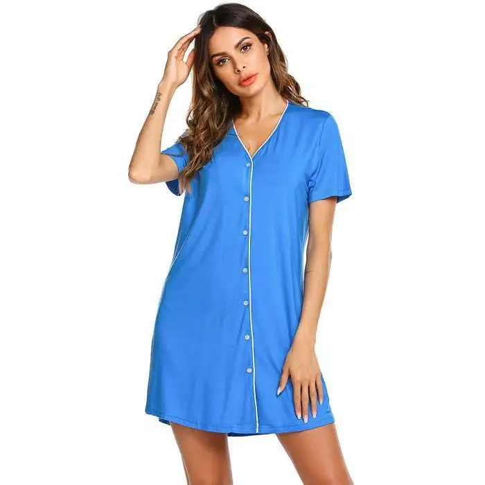 Ekouaer ночная рубашка женская летняя одежда для сна с v-образным вырезом с коротким рукавом однобортная свободная Удобная ночная рубашка