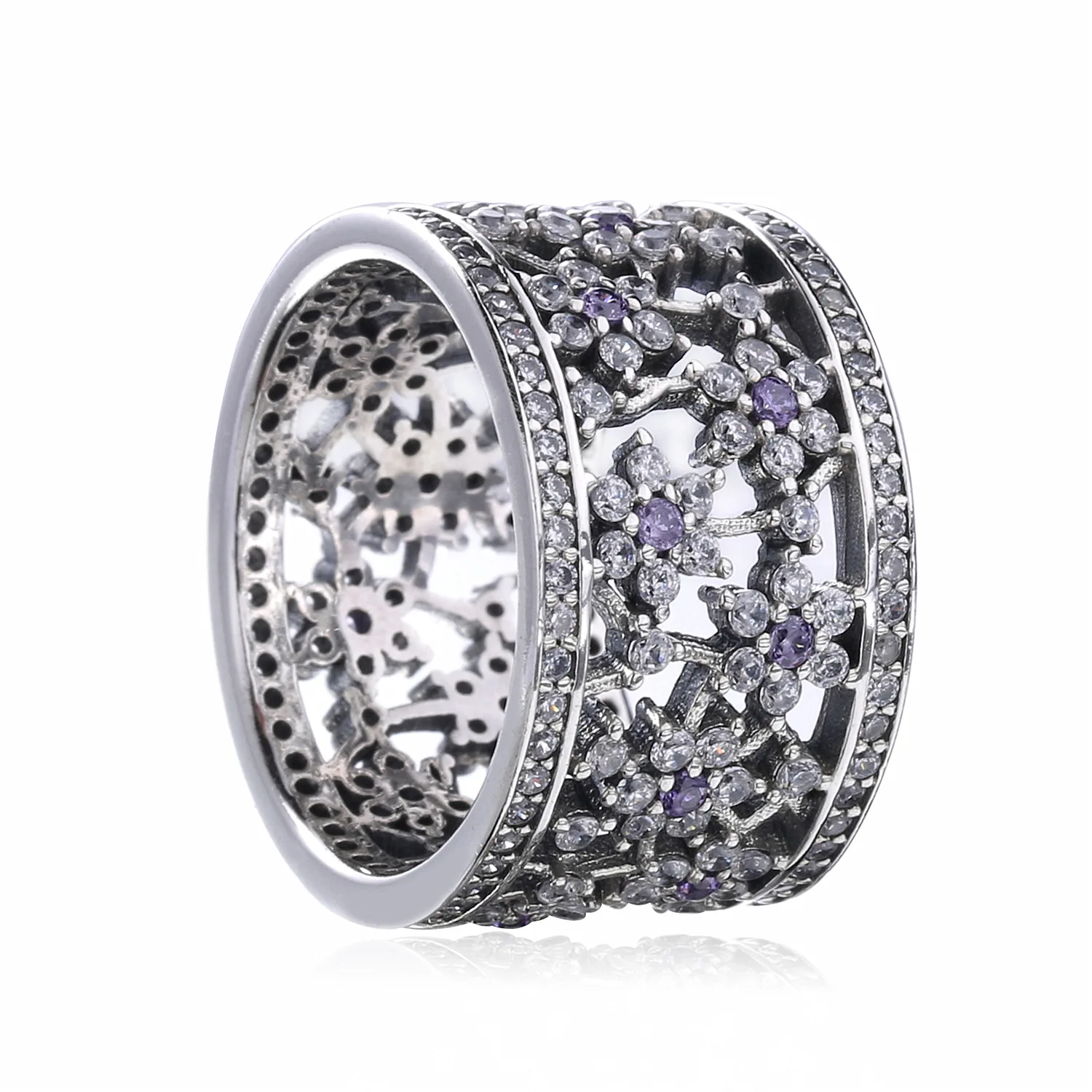 

Hot Sale Real 925 Sterling Silver Forget Me Not Flower With Crystal Pan Rings Band For Women Wedding Gift Jewelry