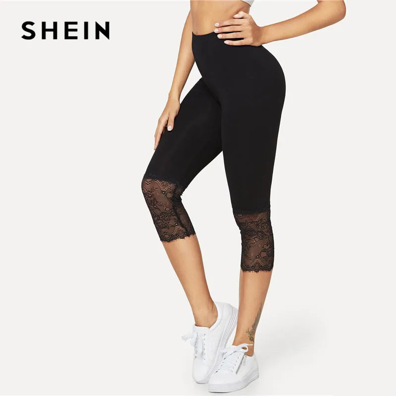 SHEIN رمش الدانتيل تقليم قصيرة كمال الاجسام بناطيل سوداء منتصف الخصر عارضة الصيف الربيع Soild النساء اللياقة البدنية طماق السراويل