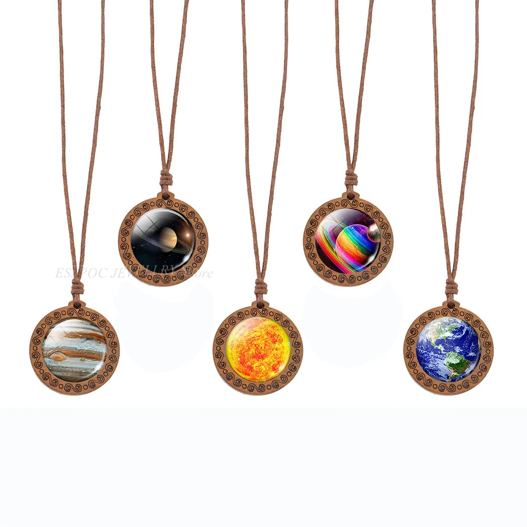 

Solar System Planet Jupiter Earth Sun Moon Stars Necklace Vintage Wooden Pendant Glass Dome Jewelry Galaxy Wood Necklaces Gift