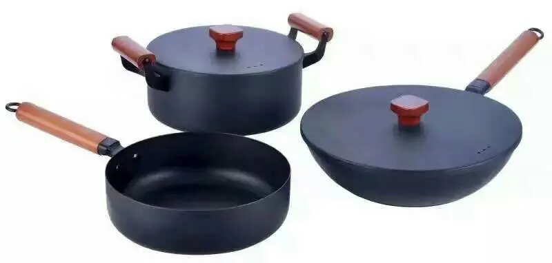 

Non-stick Pot Set of 3 Pieces with 2 Covers Exquisite Black Iron Frying Pan Wok Soup Pot Kitchen Pan and Pot Set Cooking Tools