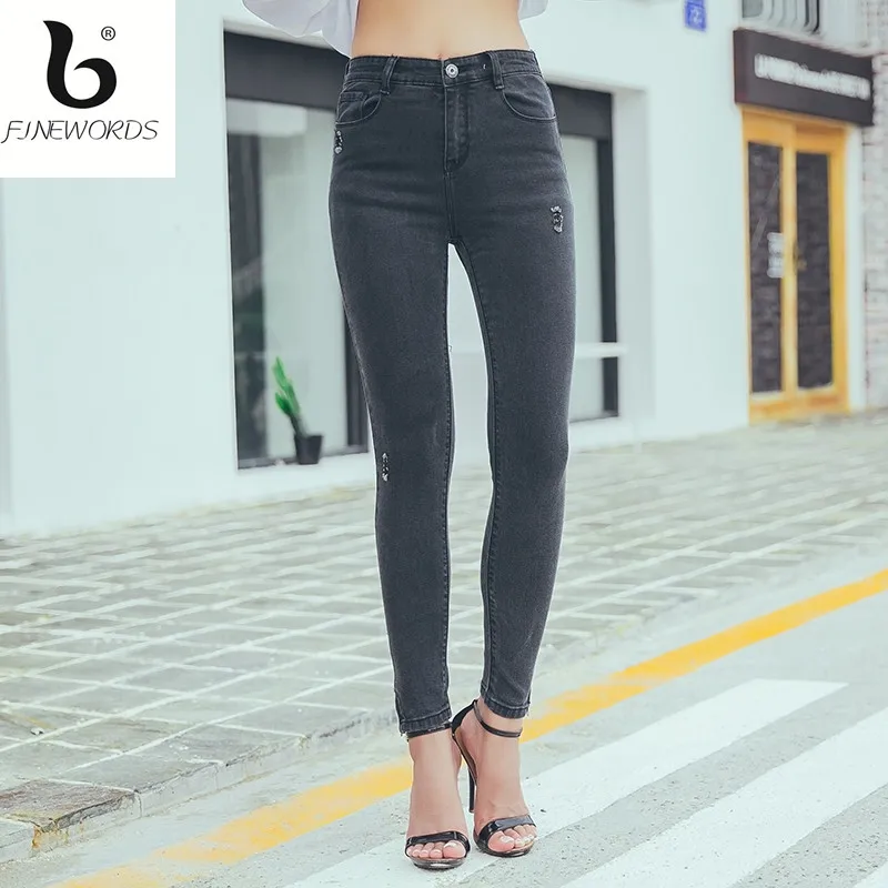 FINEWORDS Design Workout Causal Ripped Elasticity Skinny Jeans Woman Push Up Denim Pant Legging Plus Size