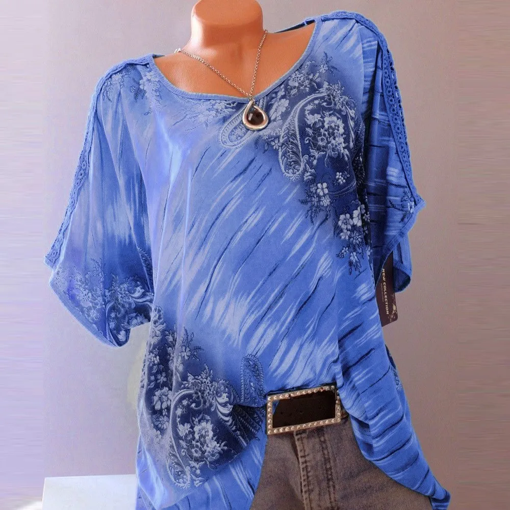 الخريف 5XL زائد حجم النساء الصيف قصيرة الأكمام الخامس الرقبة الأزهار طباعة فضفاض البلوزات عارضة الدانتيل بلوزات على الموضة قمصان البلوزات الخريف 5XL زائد حجم النساء الصيف قصيرة الأكمام الخامس الرقبة الأزهار طباعة فضفاض البلوزات عارضة الدانتيل بلوزات على الموضة قمصان البلوزات