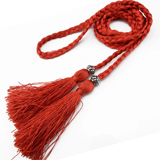 Women Waist Belt Rope Chinese Style Braided Woven Tassel Thin Belt Female Knot Decorated Waistband Hot Casual Solid Black Belts Red