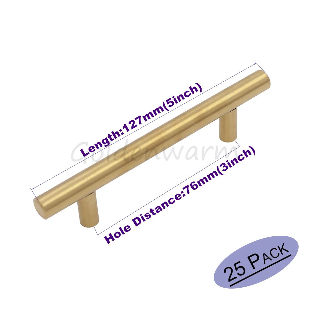 Kitchen Cabinet Handle Gold Brushed Brass Goldenwarm LS201GD76 Hole Centers 76mm Cupboard Drawer Handles 25 Pieces