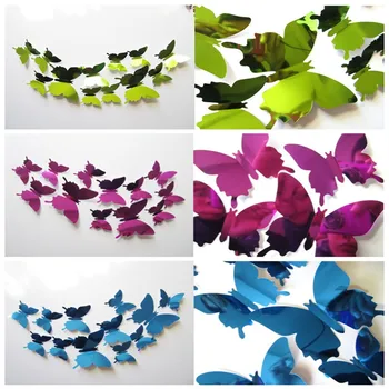 

12pcs/set Beautiful DIY Mirror Silver 3D Butterfly Wall Stickers Party Wedding Decor Home Decoration Wall Art Gold Kids Gift