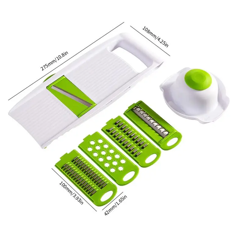 9 pcs /Set Kitchen Cutter Fruit Vegetable Slicer Potato Carrot Grater Garlic Chopper Mandoline Cutter with Noodle Drain Basket - Цвет: green