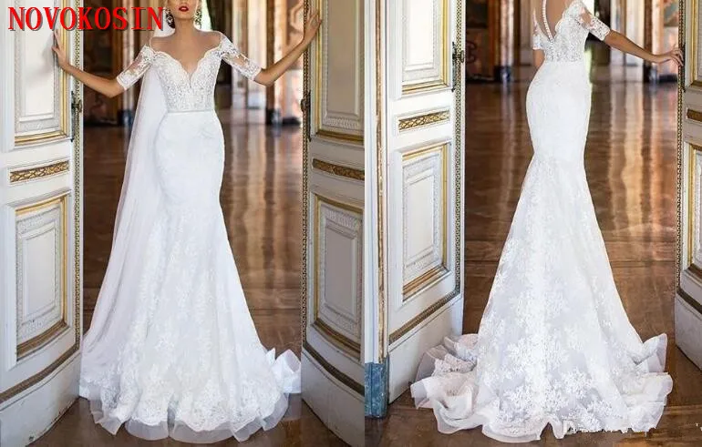 

2019 Plus Size Berta Mermaid Wedding Dresses Bridal Gowns Cape Plunging Neck Lace With Detachable Applique vestidos de noiva