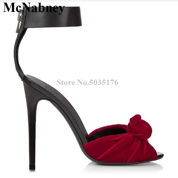 

Fashion New Summer Ladies Red Black Velvet Knotted Stiletto Heel Sandals Peep Toe Zip High Heel Banquet Shoes Women's Shoes