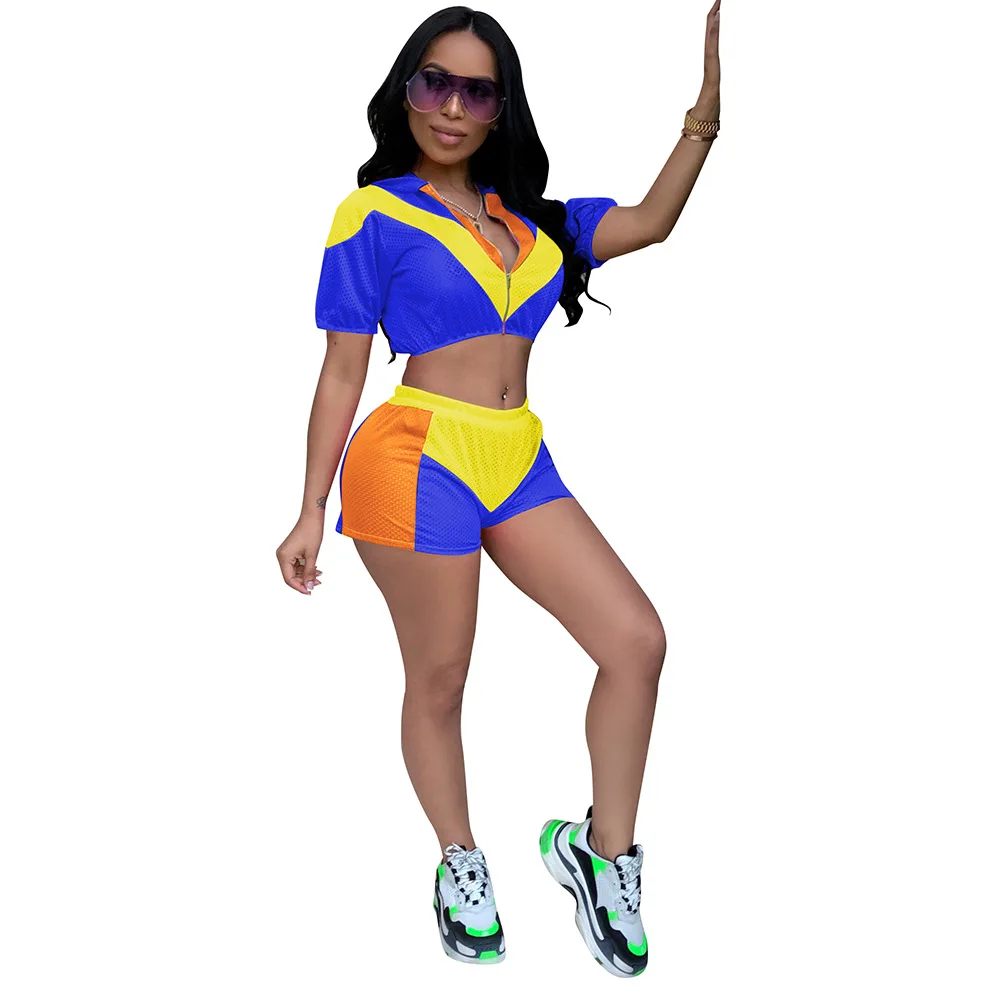 

Color Block Breathable Grid Mesh Tracksuit Casual Zipper Cap Crop Top With Shorts Pants Women Set Sexy Transparent Two Piece Set