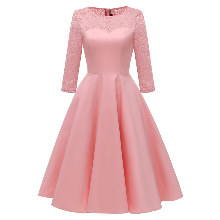 Robe De Soiree кружевное платье с круглым вырезом одежда с длинным рукавом Формальные Элегантные атласные короткая длина до колена невесты женское вечернее платье вечерние платье для выпускного - Цвет: Розовый