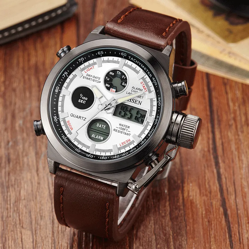 Prix pour Mode Vogue Hommes de Natation Numérique LCD Montres À Quartz En Cuir Brun Band Dual Time Sport En Plein Air Armée Montre Relogio feminino Prix pour Mode Vogue Hommes de Natation Numérique LCD Montres À Quartz En Cuir Brun Band Dual Time Sport En Plein Air Armée Montre Relogio feminino