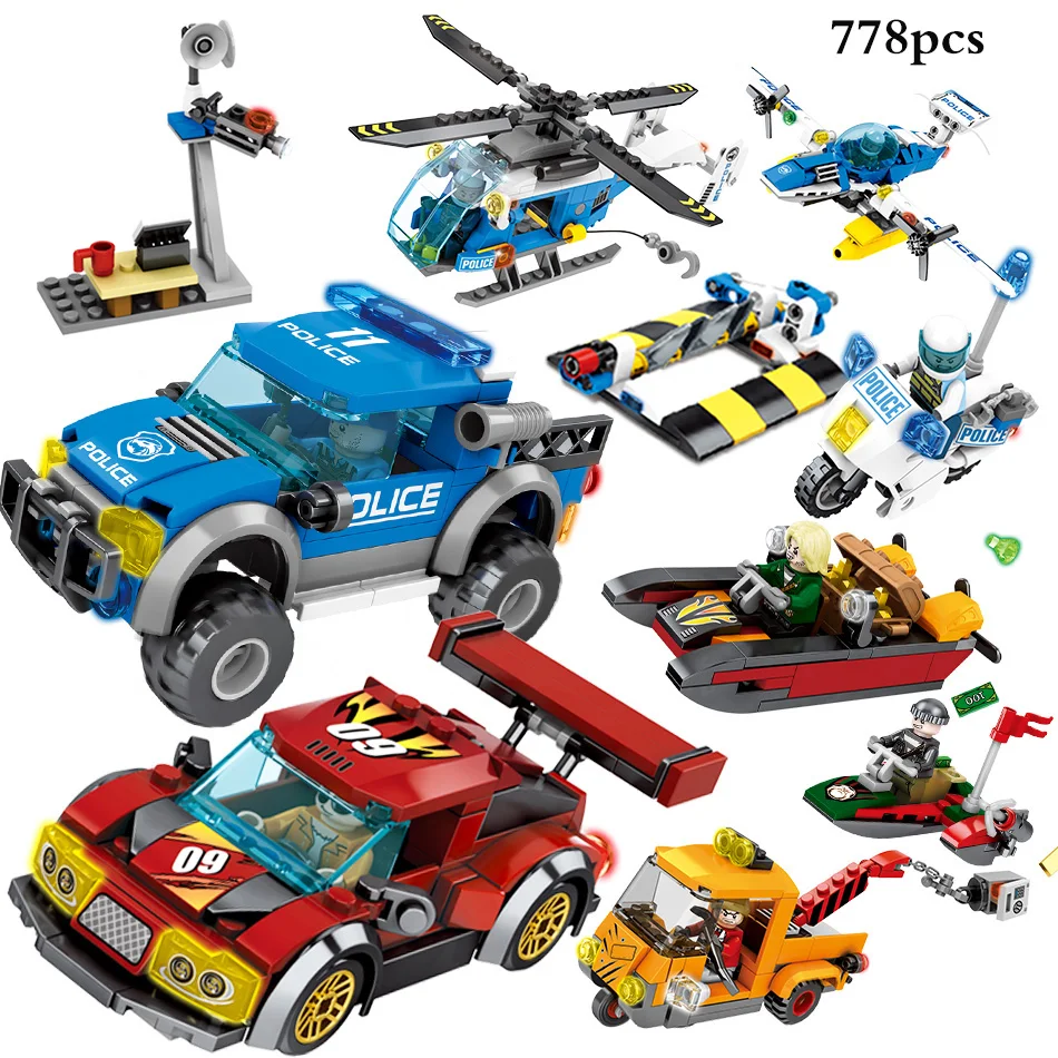 

778pcs City Swat Police DIY Helicopter Truck Engineering Excavator Building Blocks Compatible Legoed Military Brick Children Toy