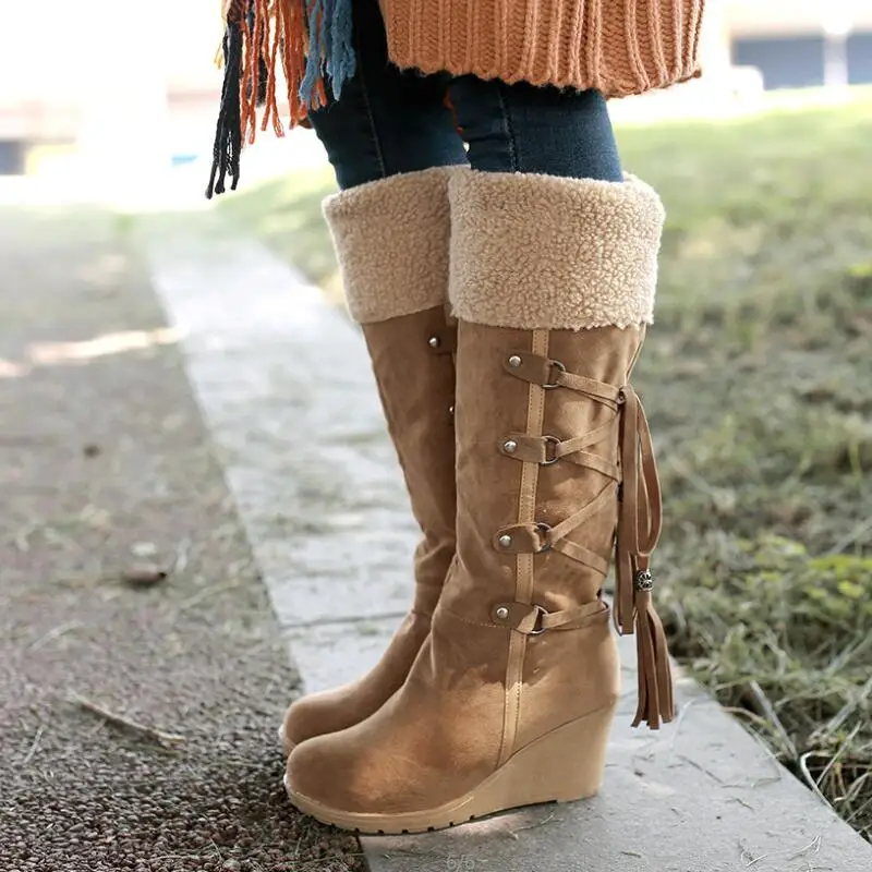 

women knee high snow boots winter warm wedge shoes woman chaussure vintage zapatos mujer sapato high heels lace up bootiesHP1675
