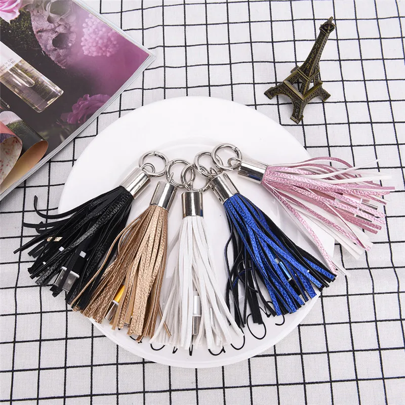 Mini USB Cable Creative USB Cable Leather Tassel Keychain Fast Charger Metal Keyring Data Cable Cord Charging Adapter For IPhone