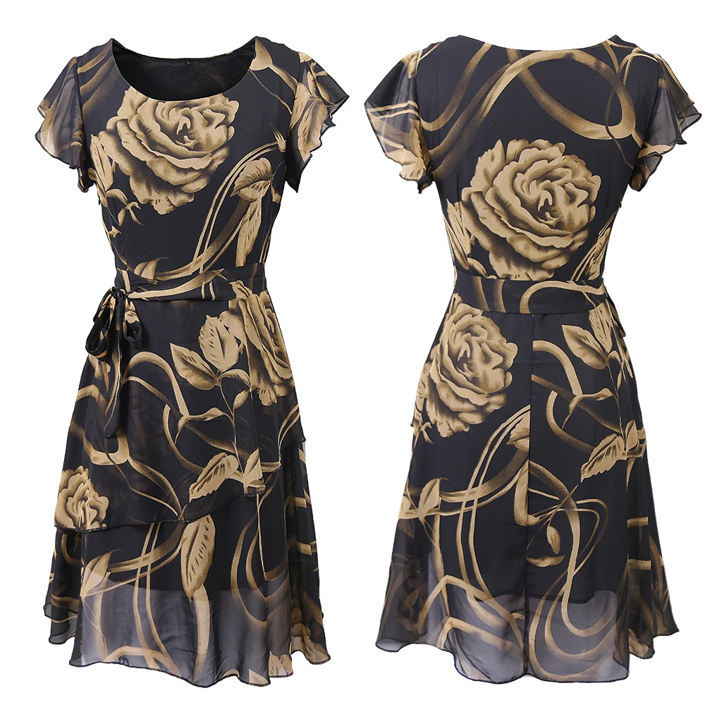 FEIBUSHI Summer Chiffon Dress Large Outer Space Casual Floral Print Women Dress Round Neck Printed Bowknot Chiffon Skater Dress FEIBUSHI Summer Chiffon Dress Large Outer Space Casual Floral Print Women Dress Round Neck Printed Bowknot Chiffon Skater Dress