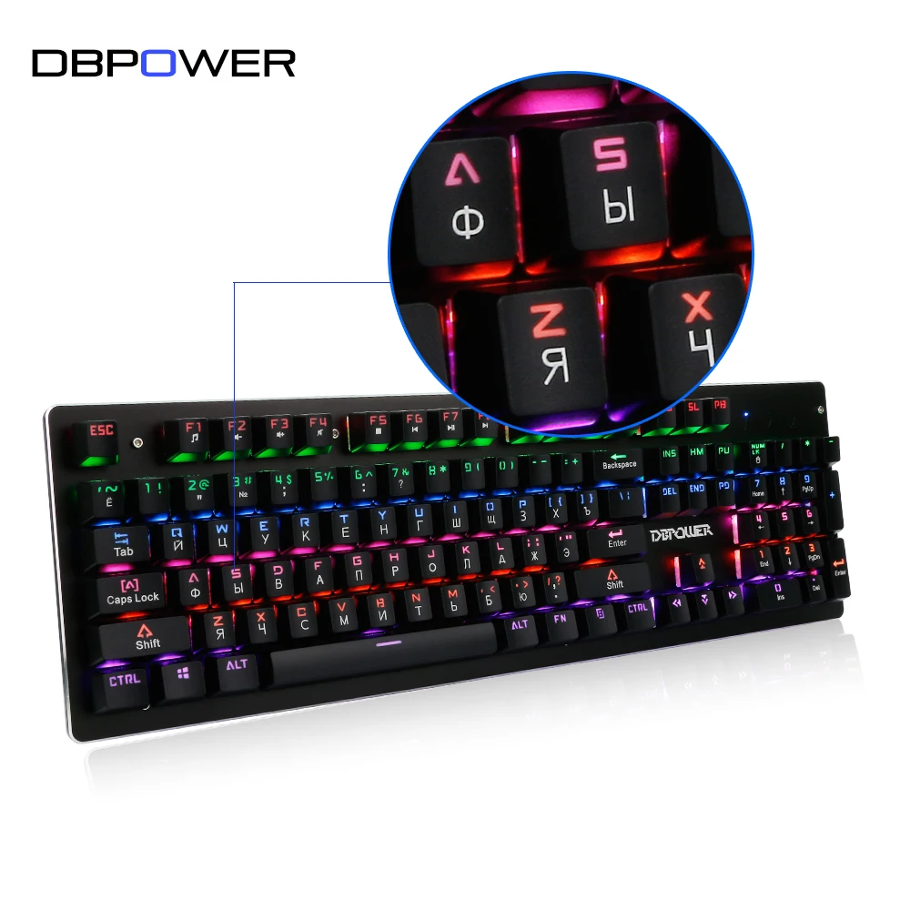 Original Russian Mechanical Keyboard 104keys Rainbow Backlit LED Wired