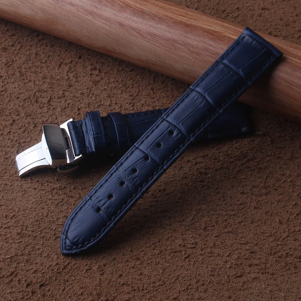 High quality Leather Genuine Watchbands straps dark blue silver butterfly buckles clasp 14mm 15mm 16mm 17mm 18mm 19mm 20mm 22mm