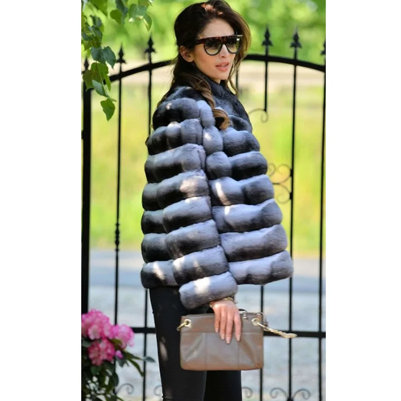 Real Fur With Nature Chinchilla Rex Rabbit Furs Women Fur Coat With Stand Collar Fashion Horizontal Stripes Rabbit Jackets 2018 Real Fur With Nature Chinchilla Rex Rabbit Furs Women Fur Coat With Stand Collar Fashion Horizontal Stripes Rabbit Jackets 2018