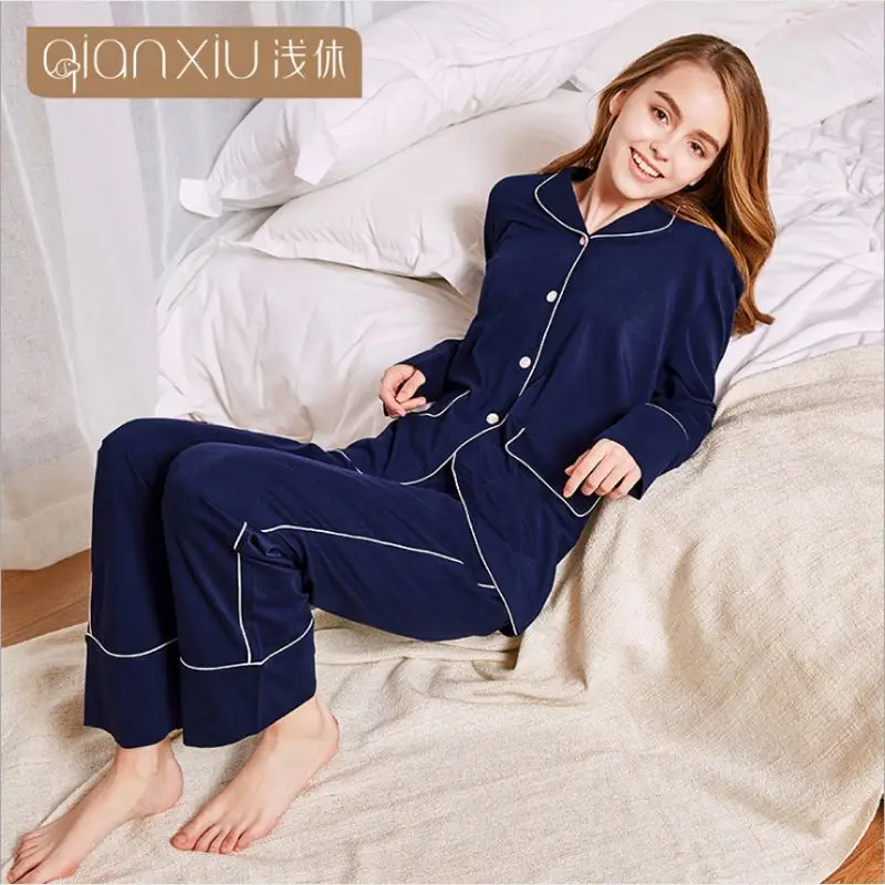 Navy Blue Весна новое поступление пижамы Для женщин Повседневное ослабить женский пижамный комплект с рубашкой с отложным воротником+ Штаны для девочки, хлопковый пижамный комплект - Цвет: Navy Blue