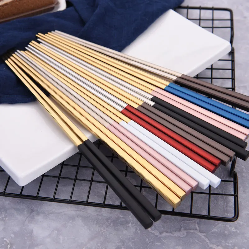 

(10Pairs) Stainless Steel Square Chopsticks Korean Chop Sticks Golden and Silver Tips