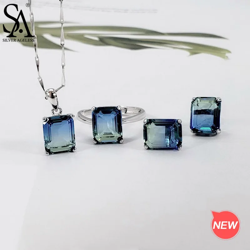 

SILVER AGELESS 925 Sterling Silver Rectangle Gradient Stud Earring Necklaces Rings Jewelry for Woman Colorful Silver Jewelry Set