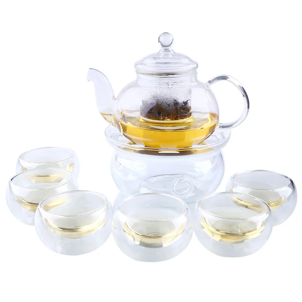 

Clear Glass Tea Pot Set w/ Infuser Teapot+Warmer+6 Double Wall Tea Cup 800ML