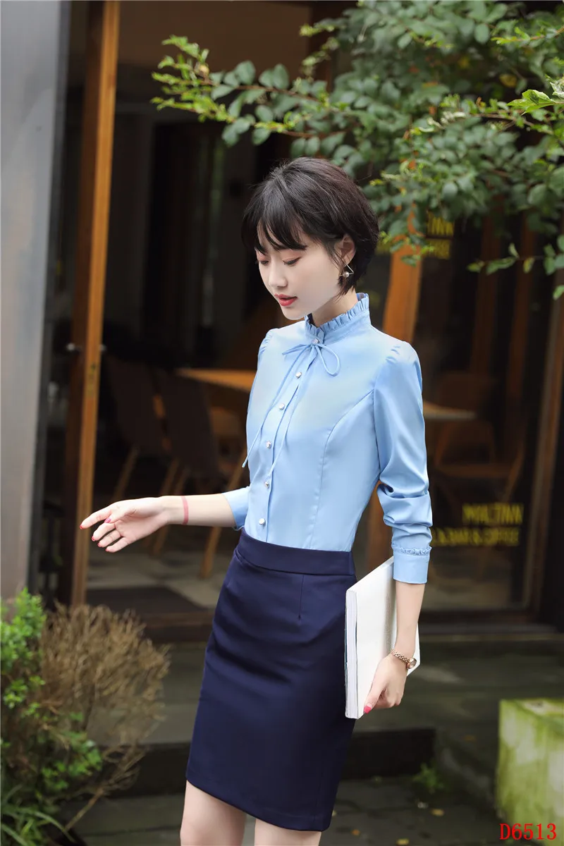 Новинка, модные женские блузки и рубашки небесно-голубое длинное офисное платье с рукавом, женские Рабочие блузки и топы OL style