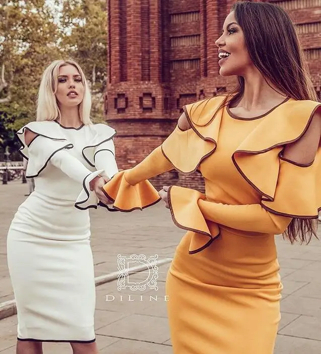 

Vestidos Women Sexy Ruffles Long Sleeve Thick Rayon Black White Bandage Dress Elegant Designer Celebrity Party Dress
