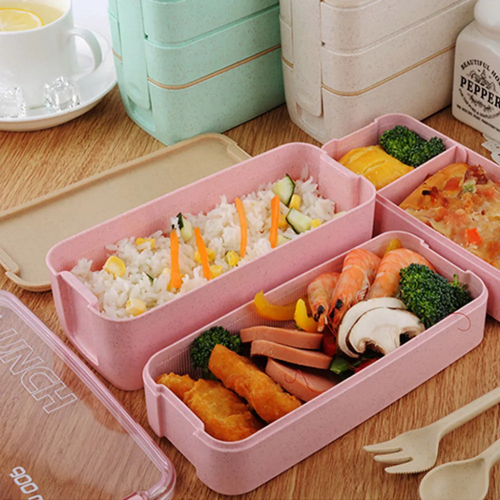 

900ml Healthy Microwave Material Lunch Box 3 Layer Wheat Straw Bento Boxes Microwave Dinnerware Food Storage Container Lunchbox